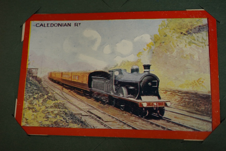 A postcard album containing approximately 160 early to mid 20th century railway related postcards, contained within an Edwardian postcard album, most are unused and unposted, most featuring locomotives and rolling stock,